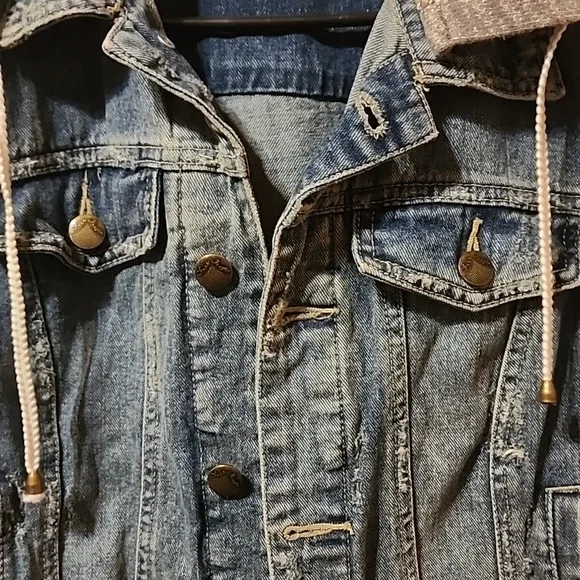 Womens Free People Denim Jacket Knit Size Small Hooded - Picture 6 of 7